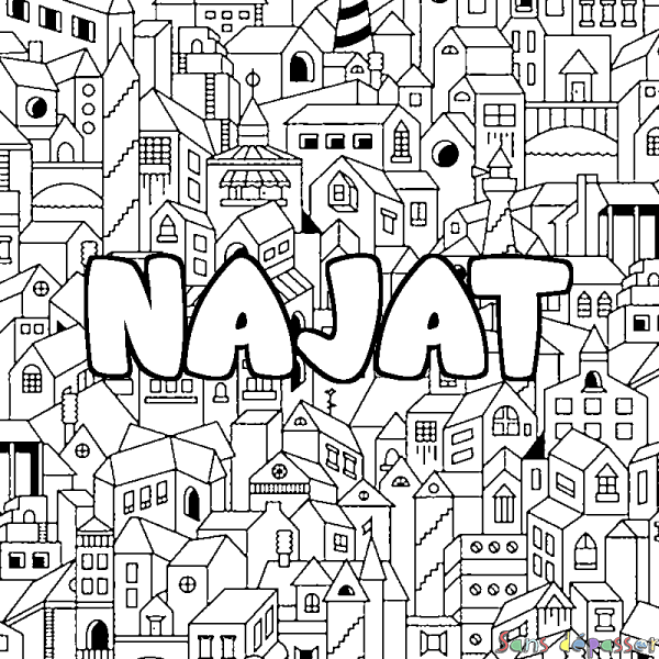 Coloriage pr&eacute;nom NAJAT - d&eacute;cor Ville