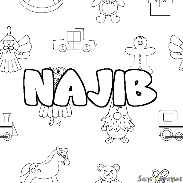 Coloriage pr&eacute;nom NAJIB - d&eacute;cor Jouets