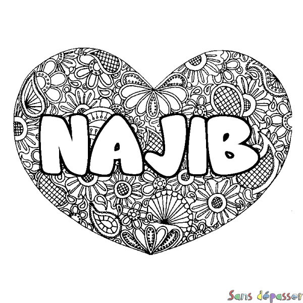 Coloriage pr&eacute;nom NAJIB - d&eacute;cor Mandala coeur