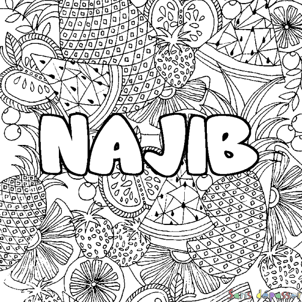 Coloriage prénom NAJIB - d&eacute;cor Mandala fruits