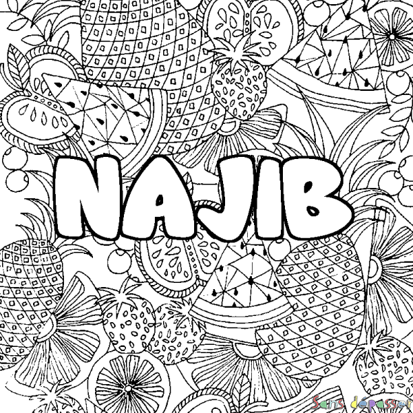 Coloriage pr&eacute;nom NAJIB - d&eacute;cor Mandala fruits