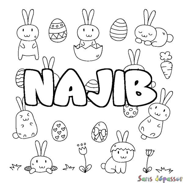 Coloriage pr&eacute;nom NAJIB - d&eacute;cor Paques