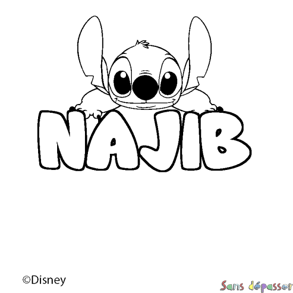 Coloriage pr&eacute;nom NAJIB - d&eacute;cor Stitch