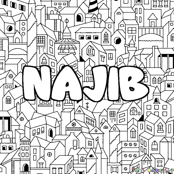 Coloriage prénom NAJIB - d&eacute;cor Ville