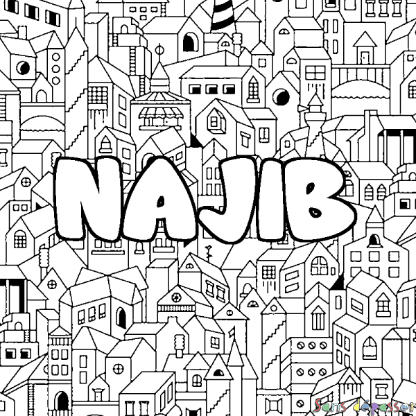 Coloriage pr&eacute;nom NAJIB - d&eacute;cor Ville
