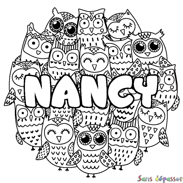 Coloriage pr&eacute;nom NANCY - d&eacute;cor Chouettes