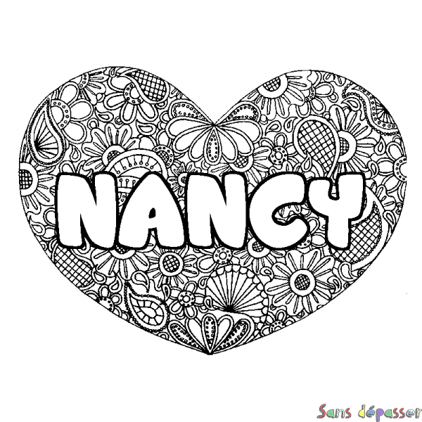 Coloriage pr&eacute;nom NANCY - d&eacute;cor Mandala coeur