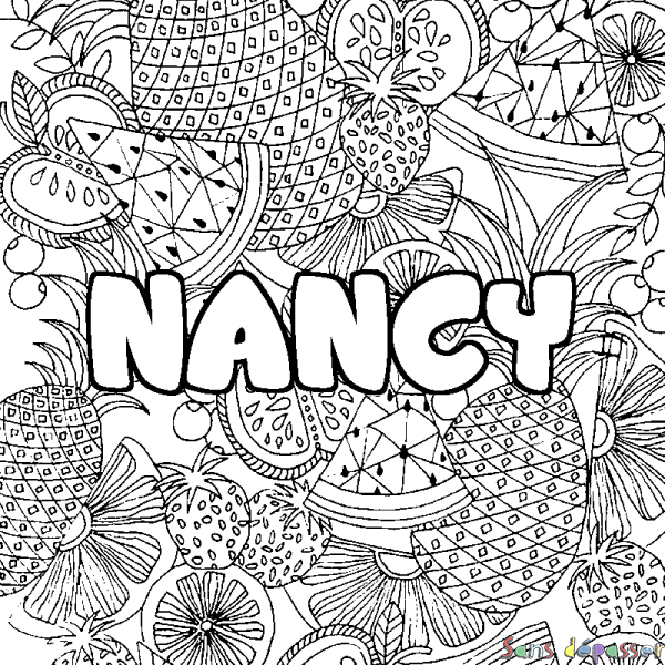 Coloriage pr&eacute;nom NANCY - d&eacute;cor Mandala fruits