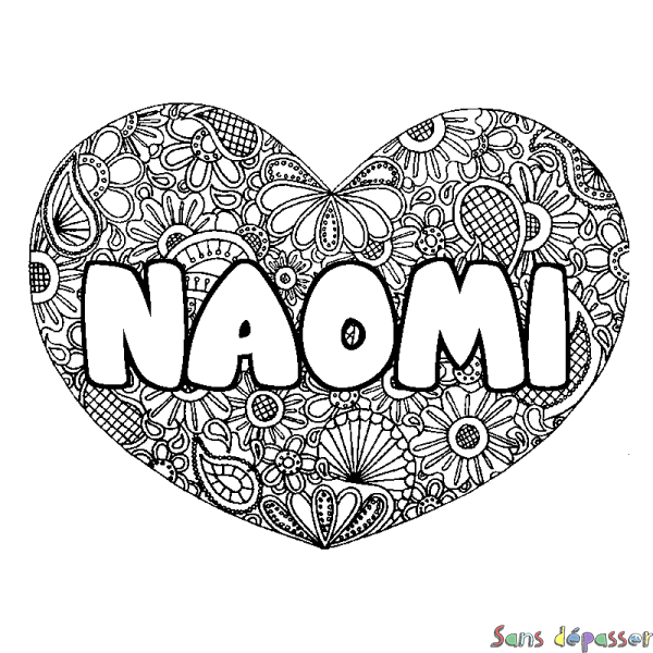 Coloriage pr&eacute;nom NAOMI - d&eacute;cor Mandala coeur