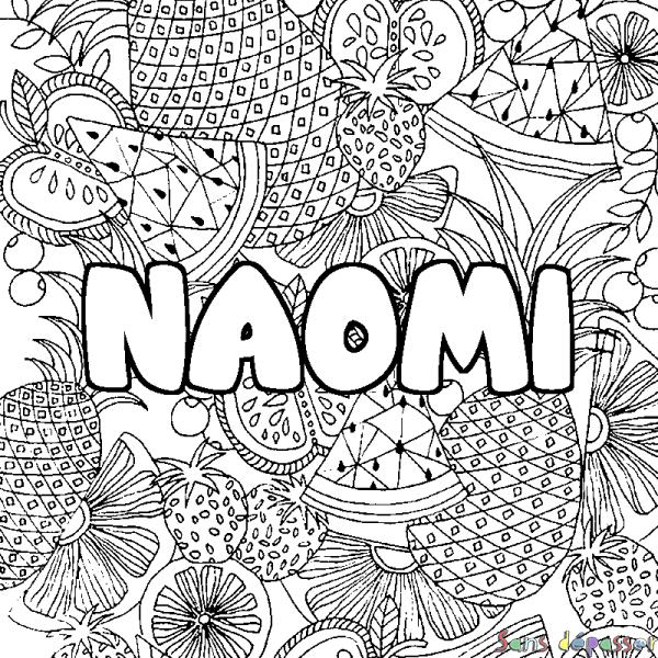 Coloriage pr&eacute;nom NAOMI - d&eacute;cor Mandala fruits