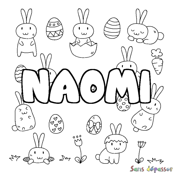Coloriage pr&eacute;nom NAOMI - d&eacute;cor Paques