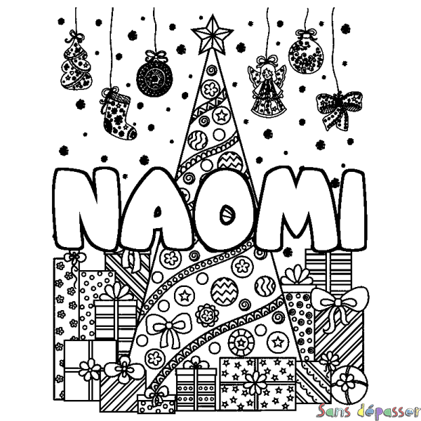 Coloriage pr&eacute;nom NAOMI - d&eacute;cor Sapin et Cadeaux