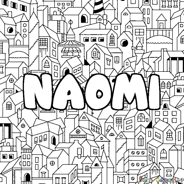 Coloriage pr&eacute;nom NAOMI - d&eacute;cor Ville