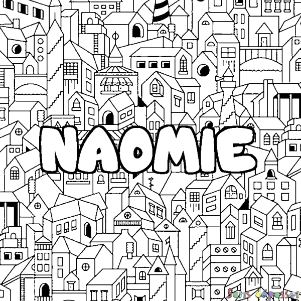 Coloriage pr&eacute;nom NAOMIE - d&eacute;cor Ville