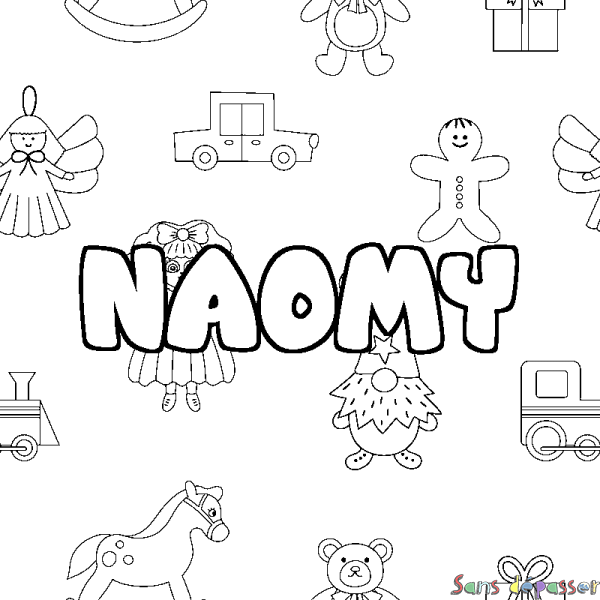 Coloriage pr&eacute;nom NAOMY - d&eacute;cor Jouets