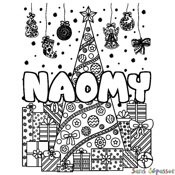 Coloriage pr&eacute;nom NAOMY - d&eacute;cor Sapin et Cadeaux