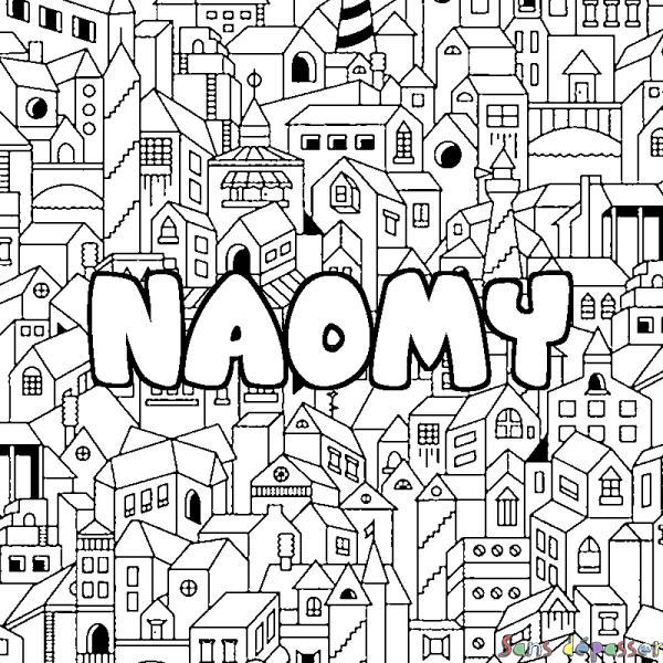 Coloriage pr&eacute;nom NAOMY - d&eacute;cor Ville