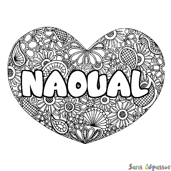 Coloriage pr&eacute;nom NAOUAL - d&eacute;cor Mandala coeur