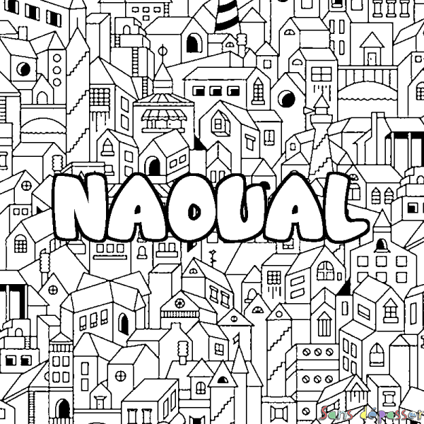 Coloriage pr&eacute;nom NAOUAL - d&eacute;cor Ville