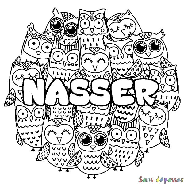 Coloriage prénom NASSER - d&eacute;cor Chouettes