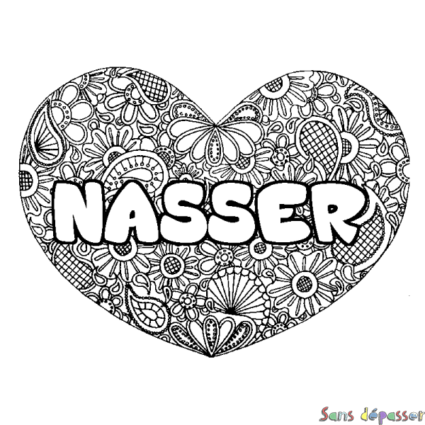 Coloriage prénom NASSER - d&eacute;cor Mandala coeur