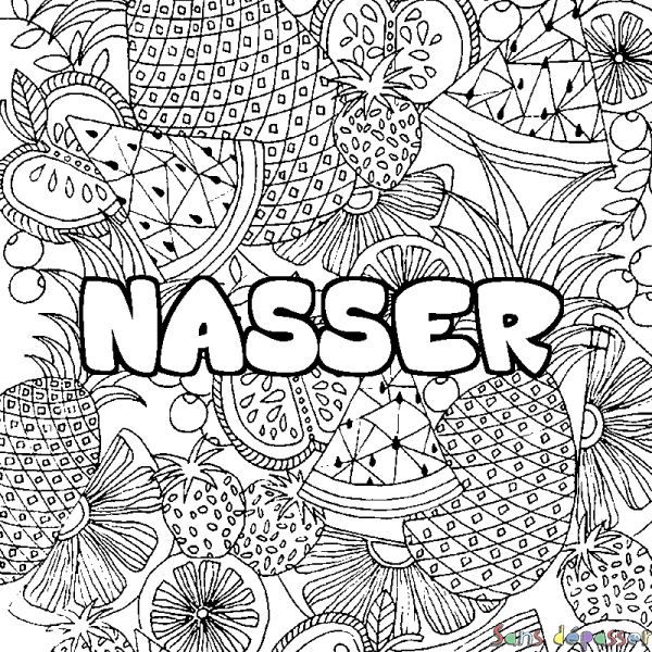 Coloriage pr&eacute;nom NASSER - d&eacute;cor Mandala fruits