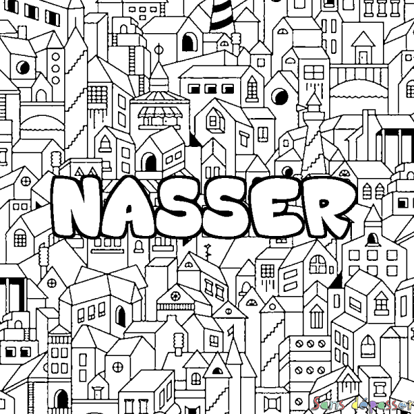 Coloriage pr&eacute;nom NASSER - d&eacute;cor Ville