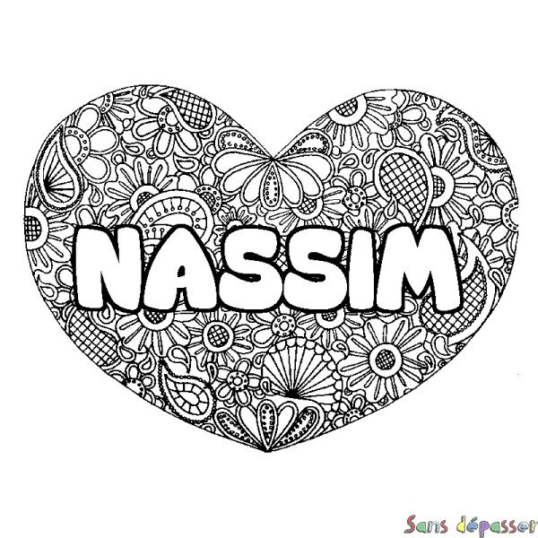 Coloriage pr&eacute;nom NASSIM - d&eacute;cor Mandala coeur