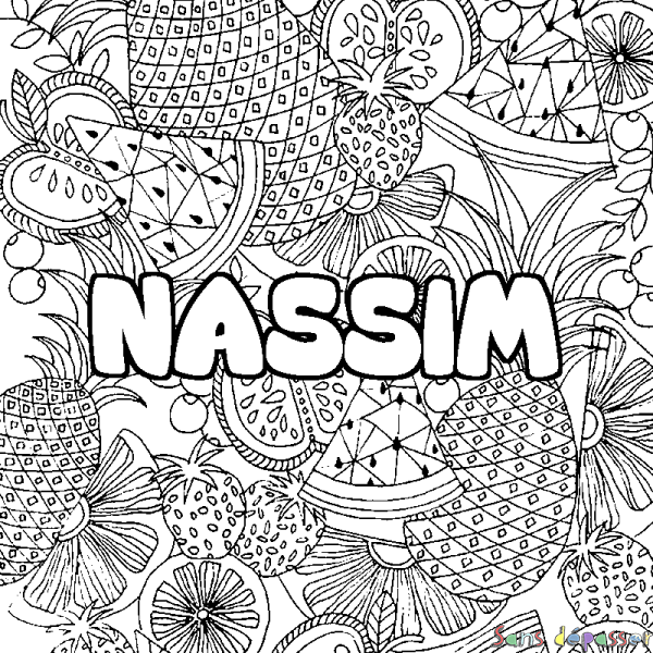 Coloriage pr&eacute;nom NASSIM - d&eacute;cor Mandala fruits