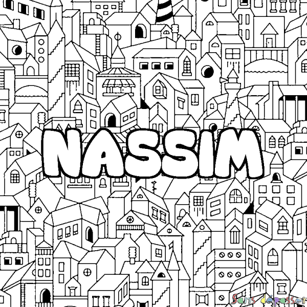 Coloriage pr&eacute;nom NASSIM - d&eacute;cor Ville