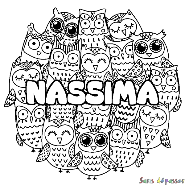 Coloriage prénom NASSIMA - d&eacute;cor Chouettes