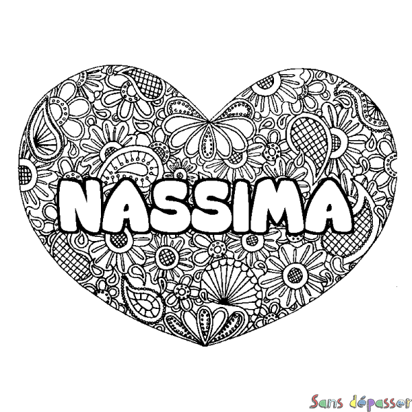 Coloriage pr&eacute;nom NASSIMA - d&eacute;cor Mandala coeur