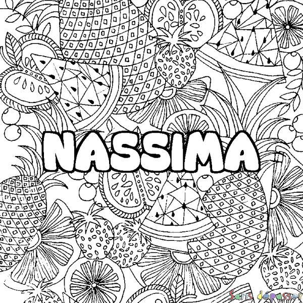 Coloriage pr&eacute;nom NASSIMA - d&eacute;cor Mandala fruits