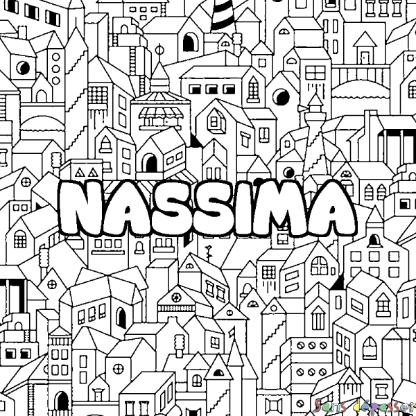 Coloriage pr&eacute;nom NASSIMA - d&eacute;cor Ville