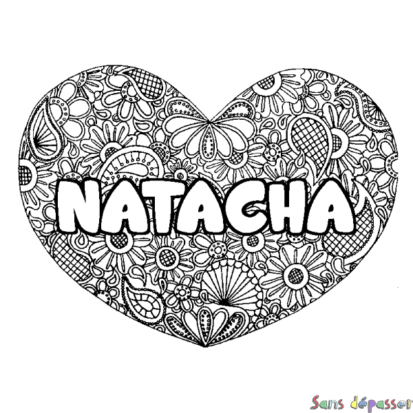 Coloriage prénom NATACHA - d&eacute;cor Mandala coeur