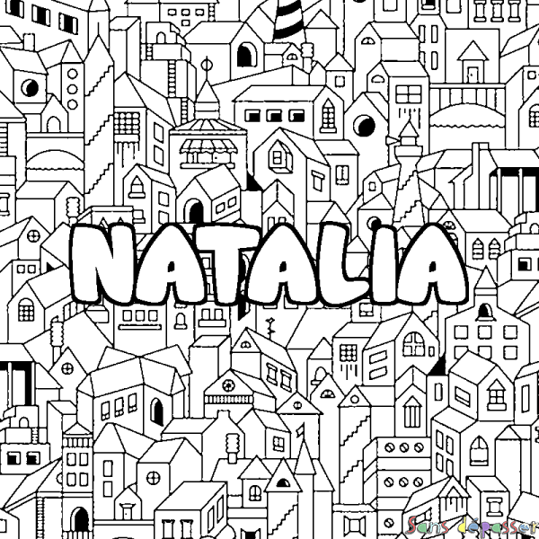 Coloriage pr&eacute;nom NATALIA - d&eacute;cor Ville