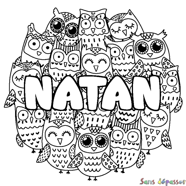 Coloriage prénom NATAN - d&eacute;cor Chouettes
