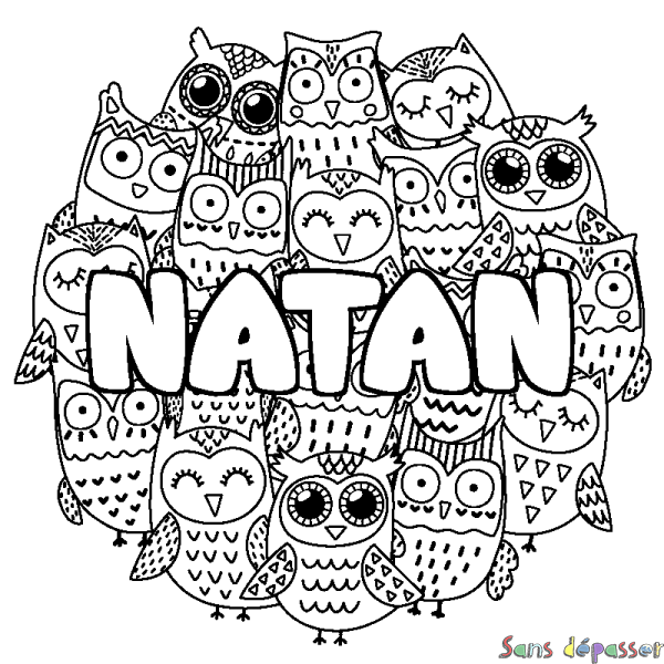 Coloriage pr&eacute;nom NATAN - d&eacute;cor Chouettes
