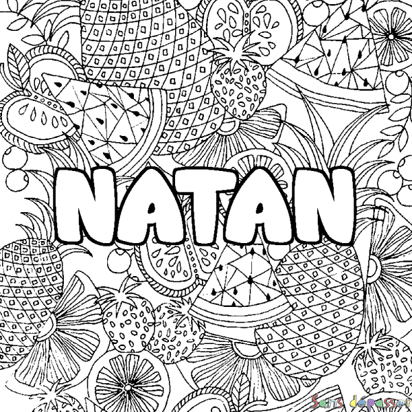 Coloriage pr&eacute;nom NATAN - d&eacute;cor Mandala fruits
