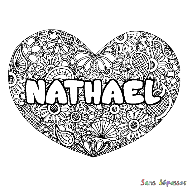Coloriage prénom NATHAEL - d&eacute;cor Mandala coeur