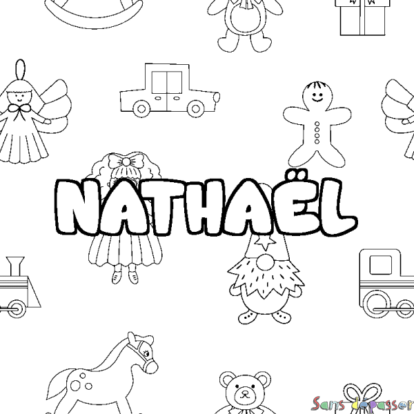 Coloriage pr&eacute;nom NATHA&Euml;L - d&eacute;cor Jouets