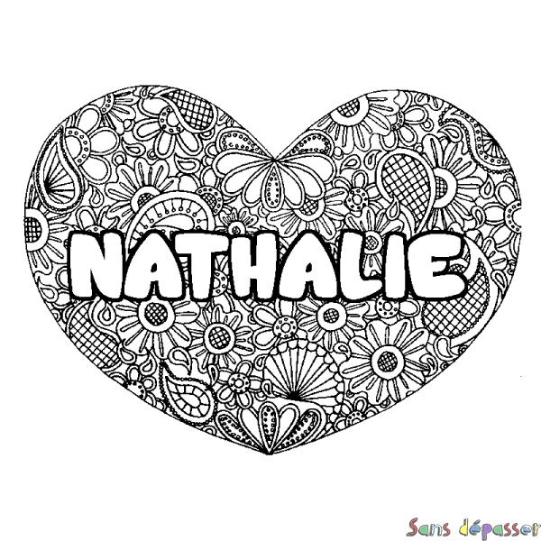 Coloriage prénom NATHALIE - d&eacute;cor Mandala coeur