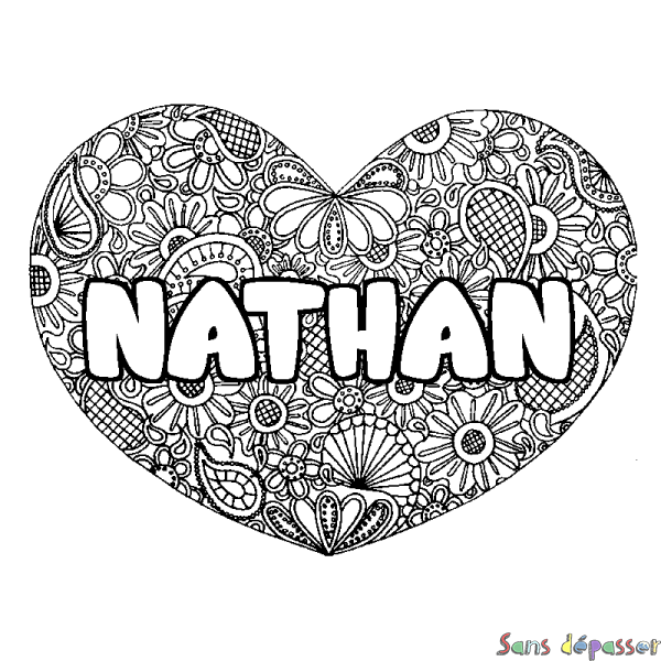 Coloriage prénom NATHAN - d&eacute;cor Mandala coeur