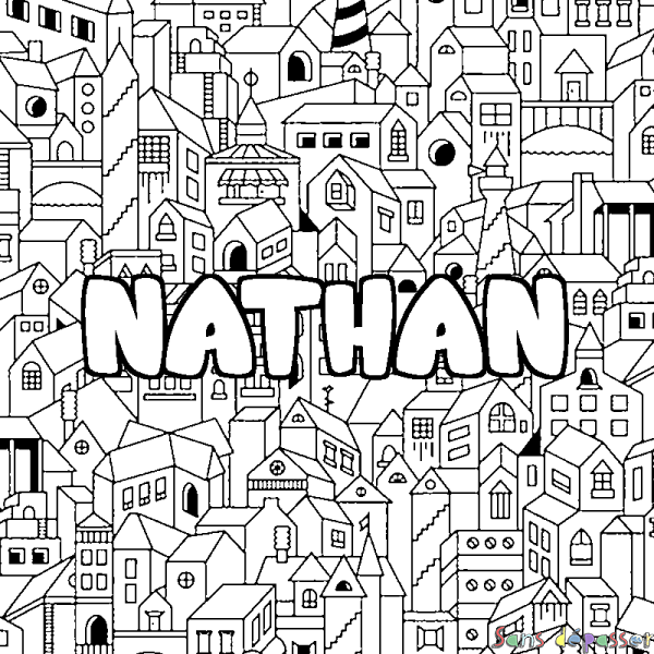 Coloriage prénom NATHAN - d&eacute;cor Ville