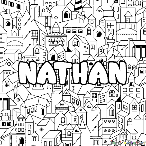 Coloriage pr&eacute;nom NATHAN - d&eacute;cor Ville