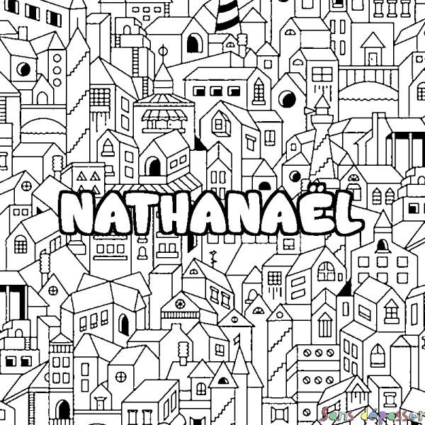 Coloriage pr&eacute;nom NATHANA&Euml;L - d&eacute;cor Ville