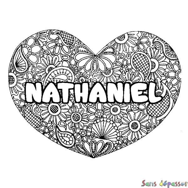 Coloriage prénom NATHANIEL - d&eacute;cor Mandala coeur