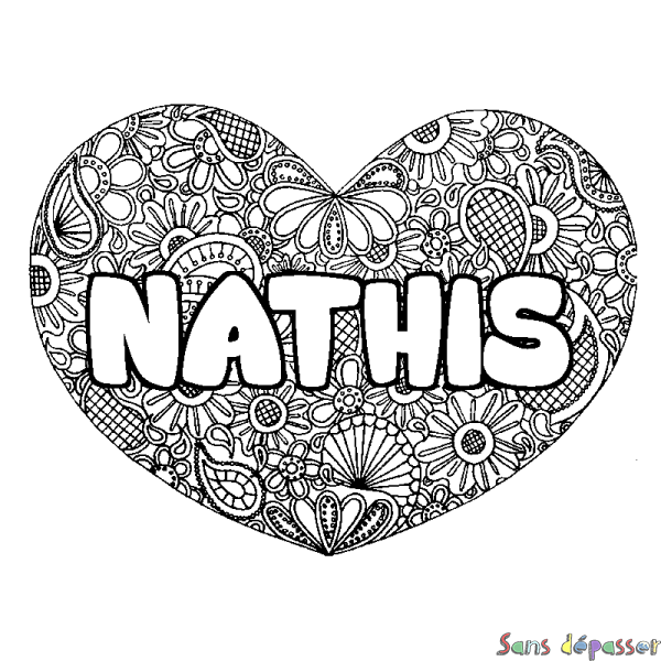 Coloriage pr&eacute;nom NATHIS - d&eacute;cor Mandala coeur
