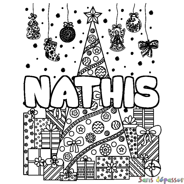 Coloriage prénom NATHIS - d&eacute;cor Sapin et Cadeaux