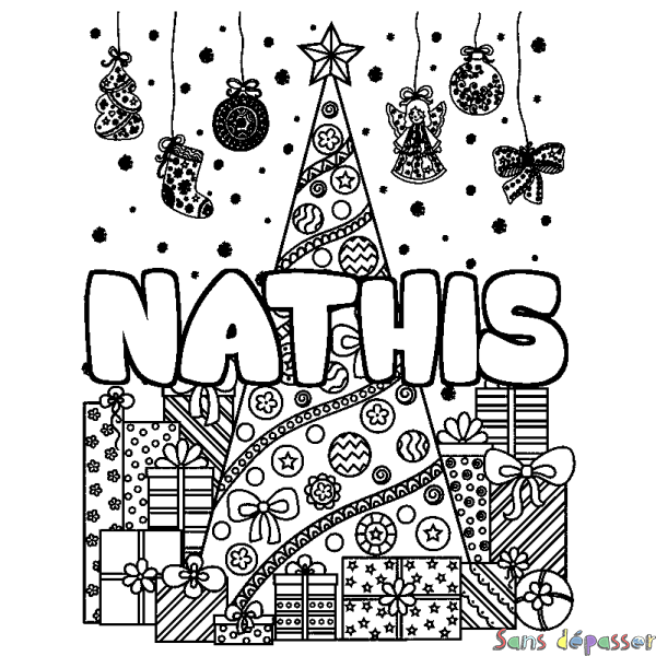 Coloriage pr&eacute;nom NATHIS - d&eacute;cor Sapin et Cadeaux